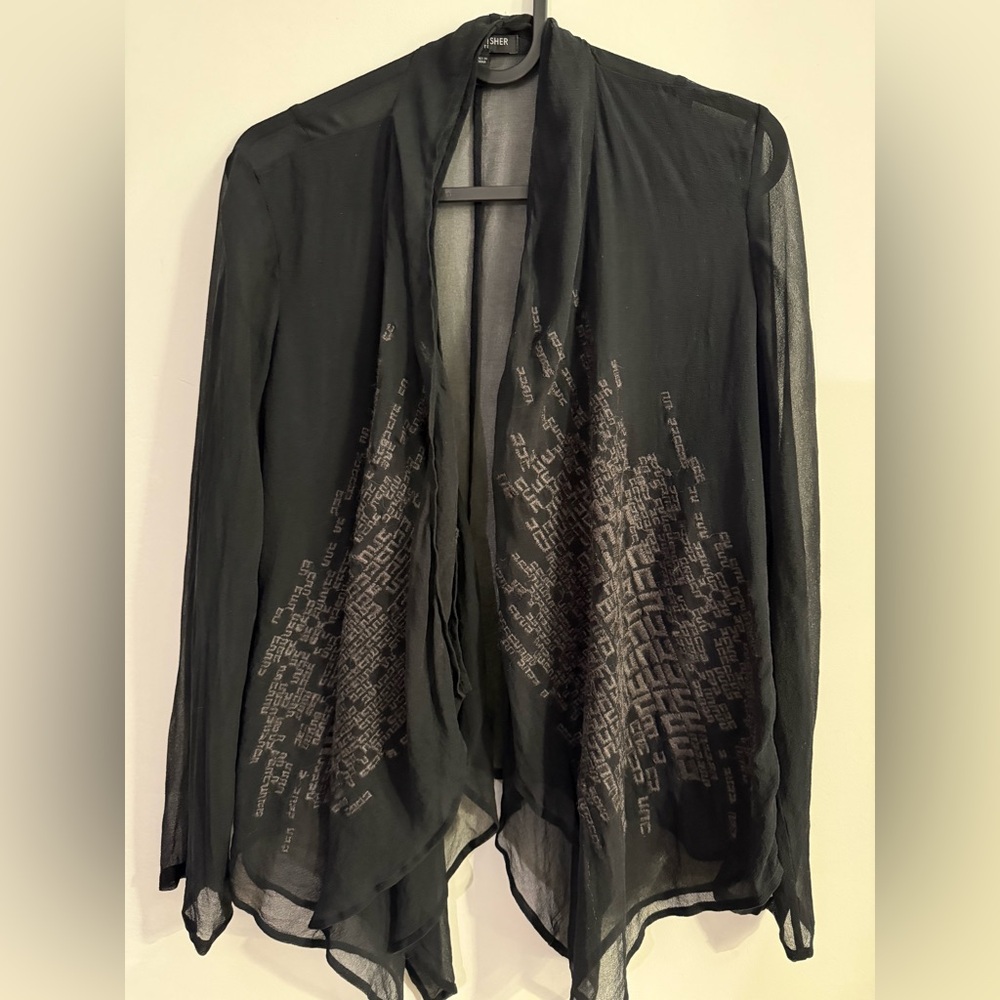 Eileen Fisher Silk Sheer Black Open-Front Kimono Cardigan
